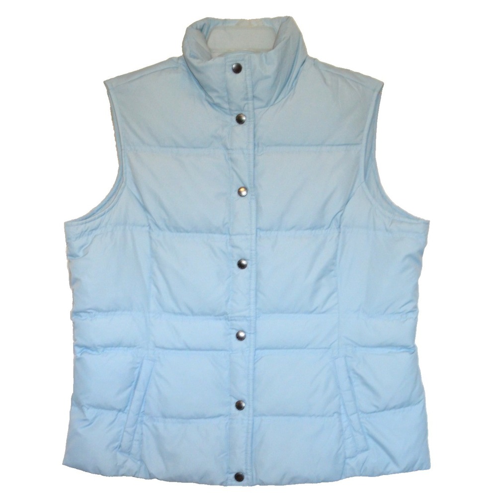 Lands'‎ End Down Insulated Blue Puffer Vest Women L Snap Front Nylon Mock Neck